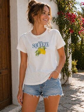 Old Navy Main Squeeze Lemon Graphic Tee Women's Size XL White Ribbed Baby T Y2K